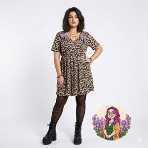 Cheetah Animal Print V-Neck Elastic Waist Mini Dress Medium Mob Wife Whimsygoth